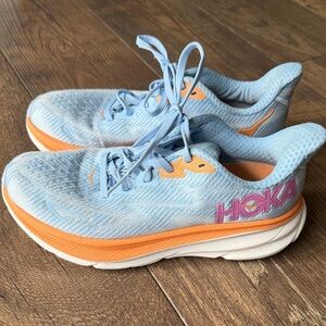 Hoka Sky Blue and Tangerine Athletic Shoes